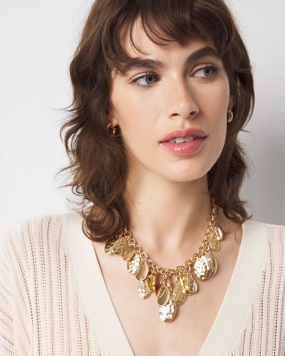 Gold Hammered Disc Single Strand Necklace