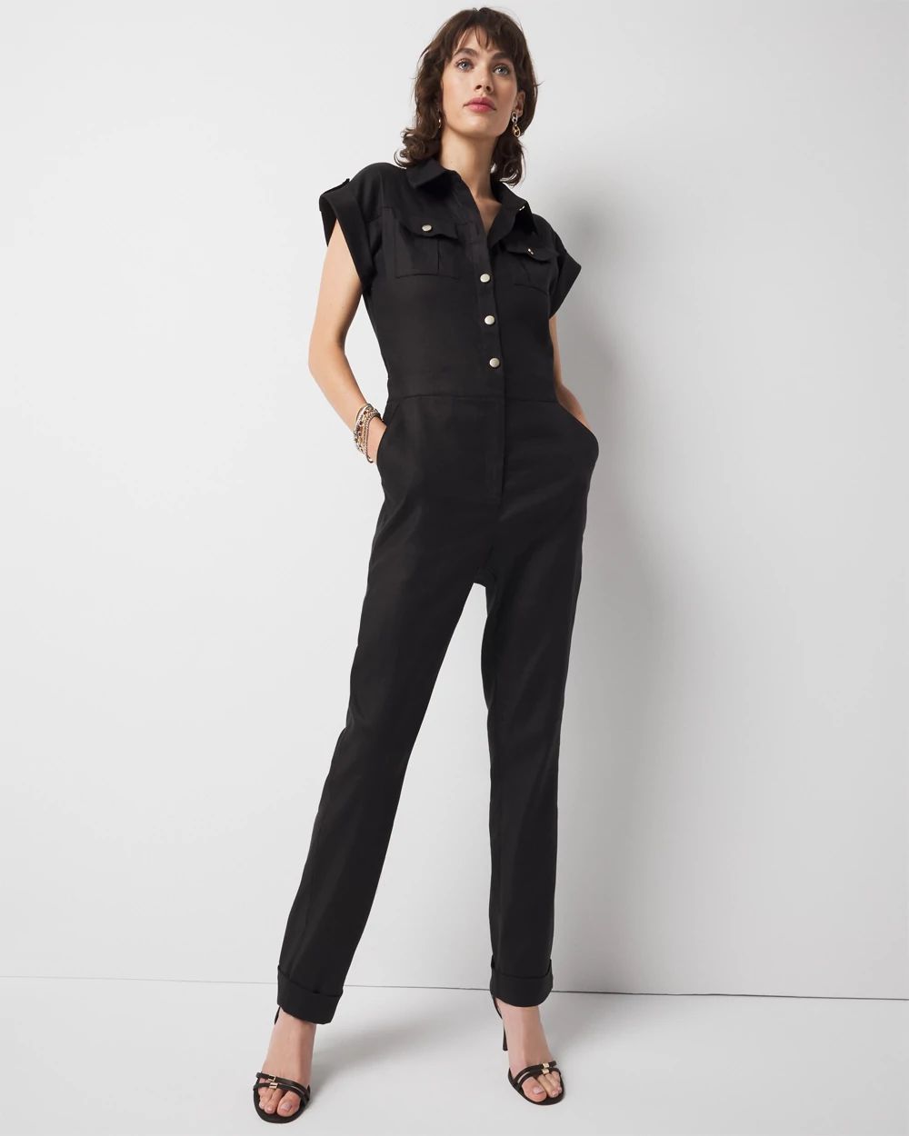 Linen-Blend Short-Sleeve Utility Jumpsuit