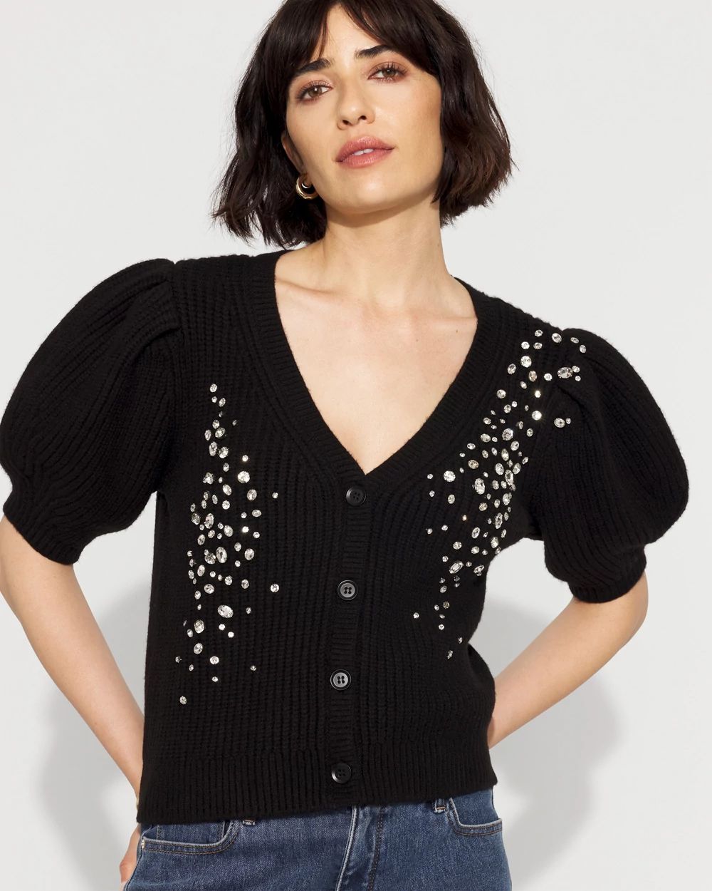 Petite Embellished Puff Sleeve Button-Front Cardigan