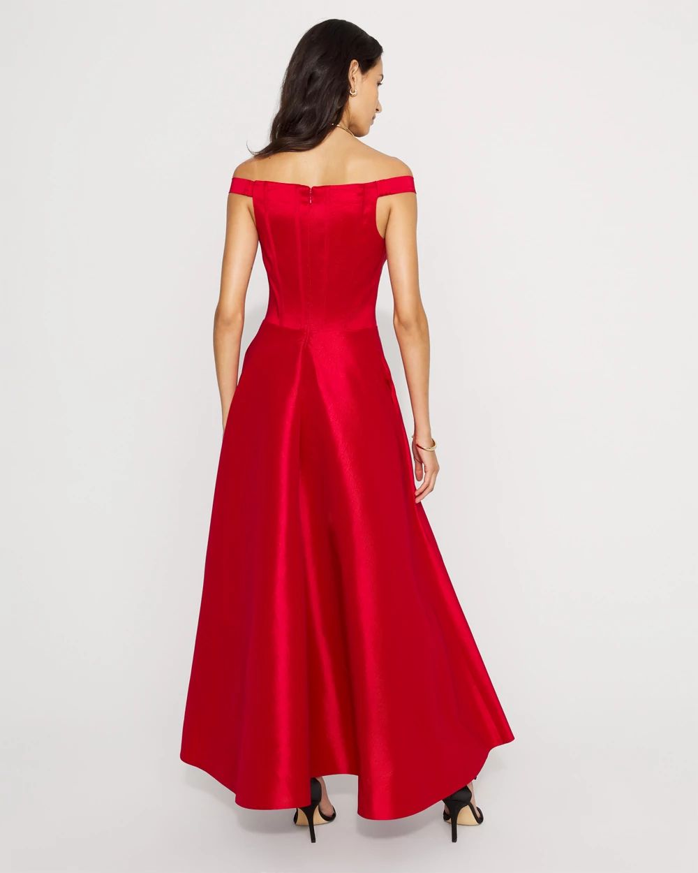 Petite Off-The-Shoulder Stretch Taffeta Midi Dress