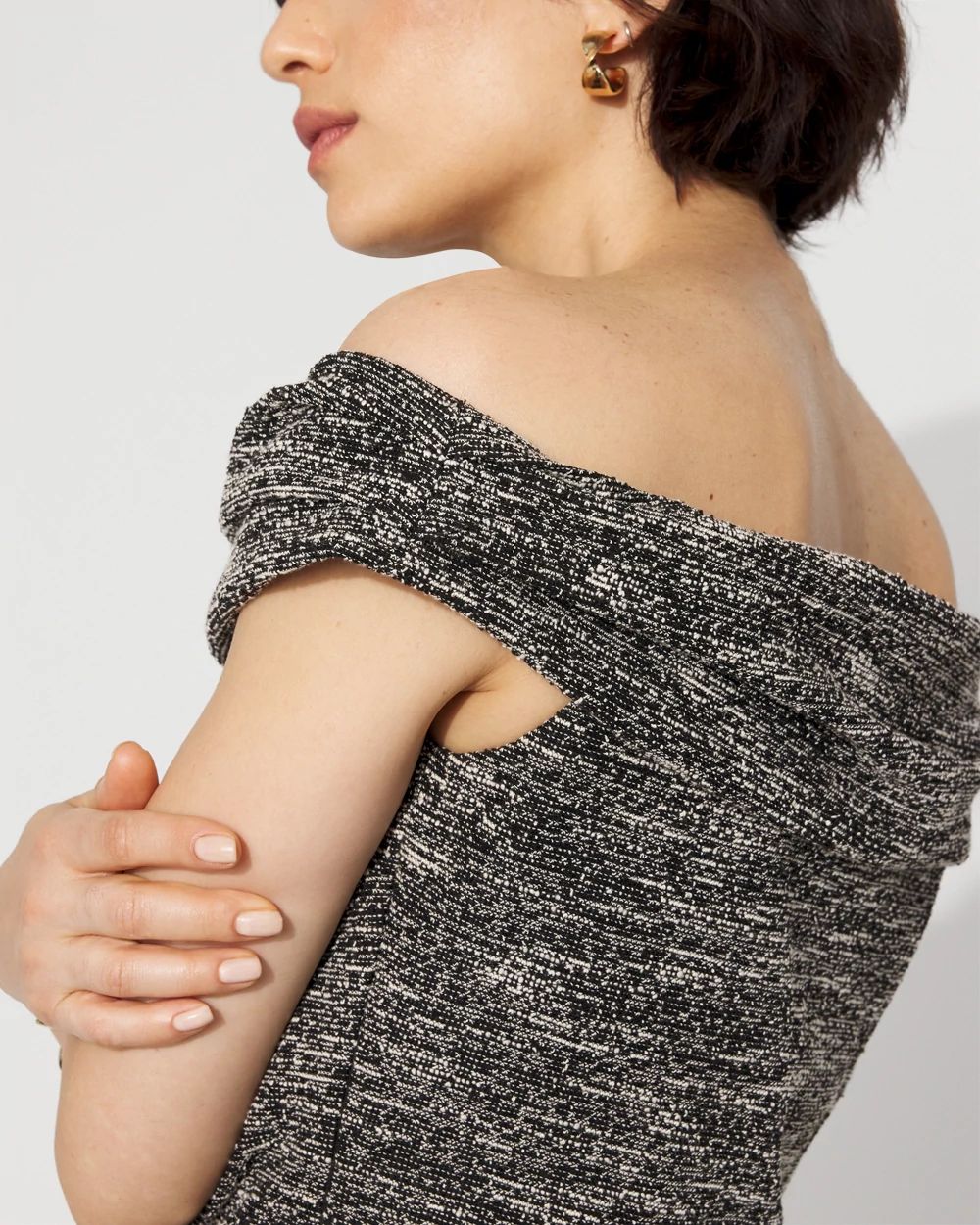 Tweed Off-The-Shoulder Knit Top