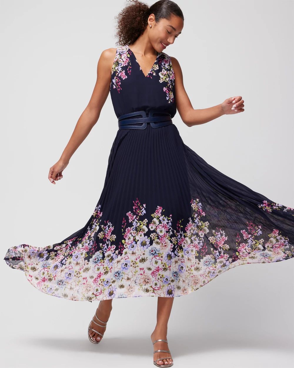 Sleeveless Smocked V-Neck Pleated Midi Dress