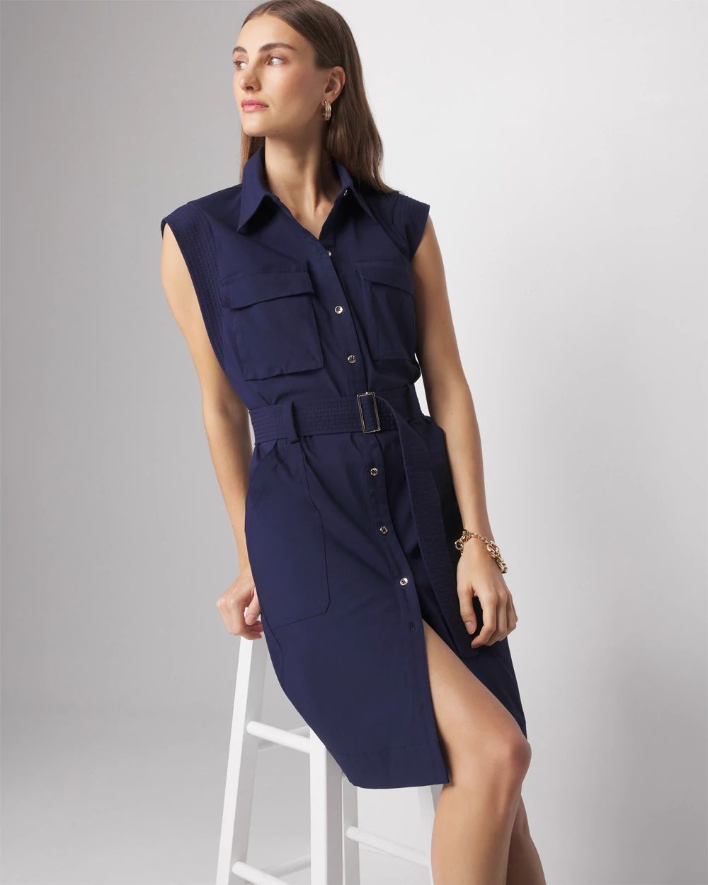 Cap-Sleeve Utility Mini Shirt Dress