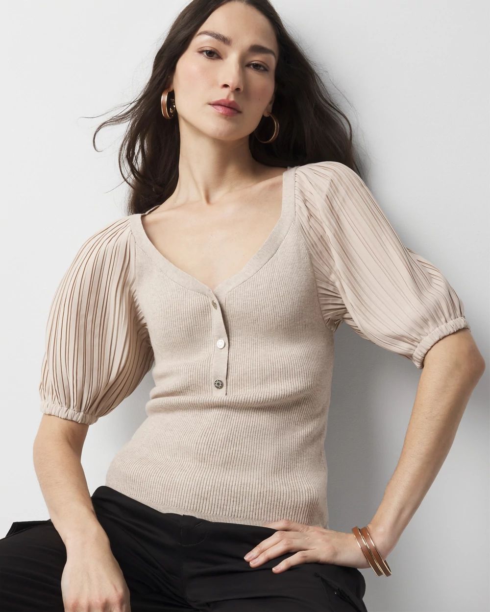 Pleated Puff-Sleeve Henley Sweater