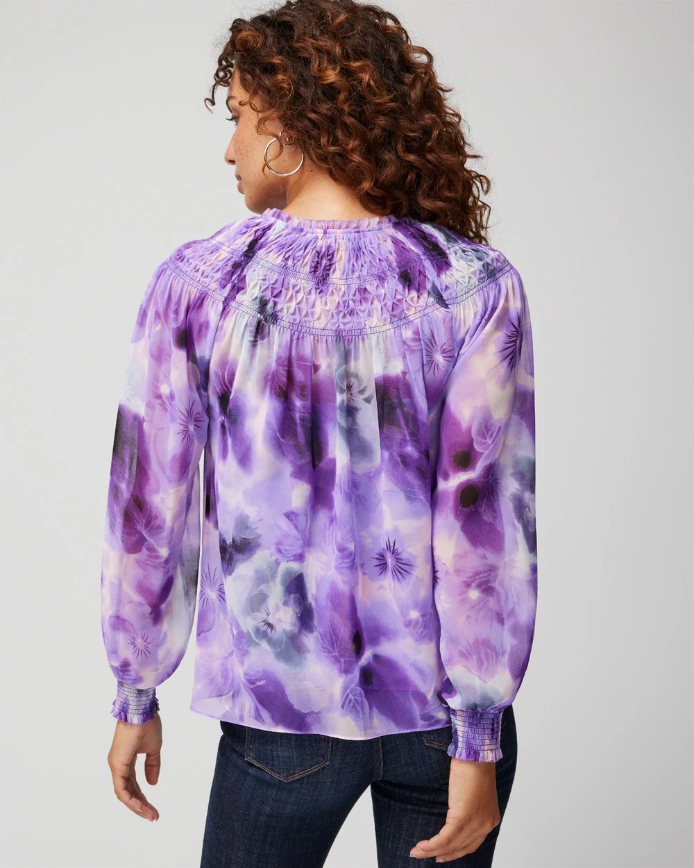 Long Sleeve Smocked Printed Blouse