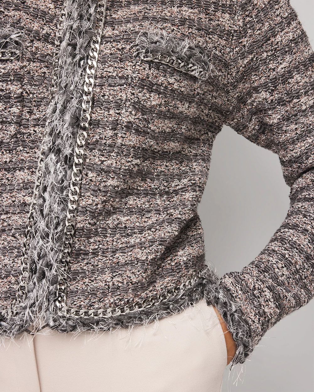 Chain-Trim Tweed Sweater Jacket