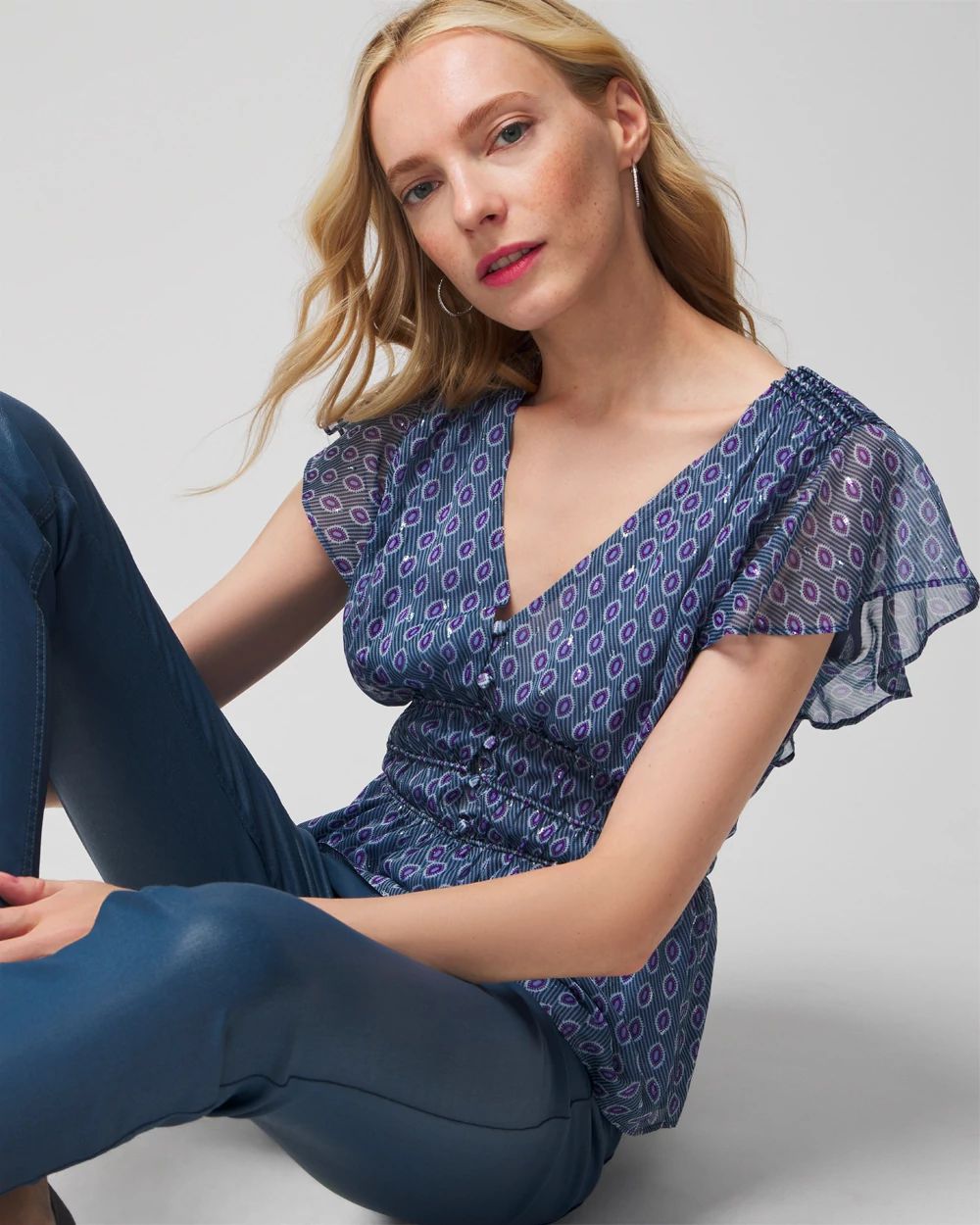 V-Neck Flutter Sleeve Shell Top