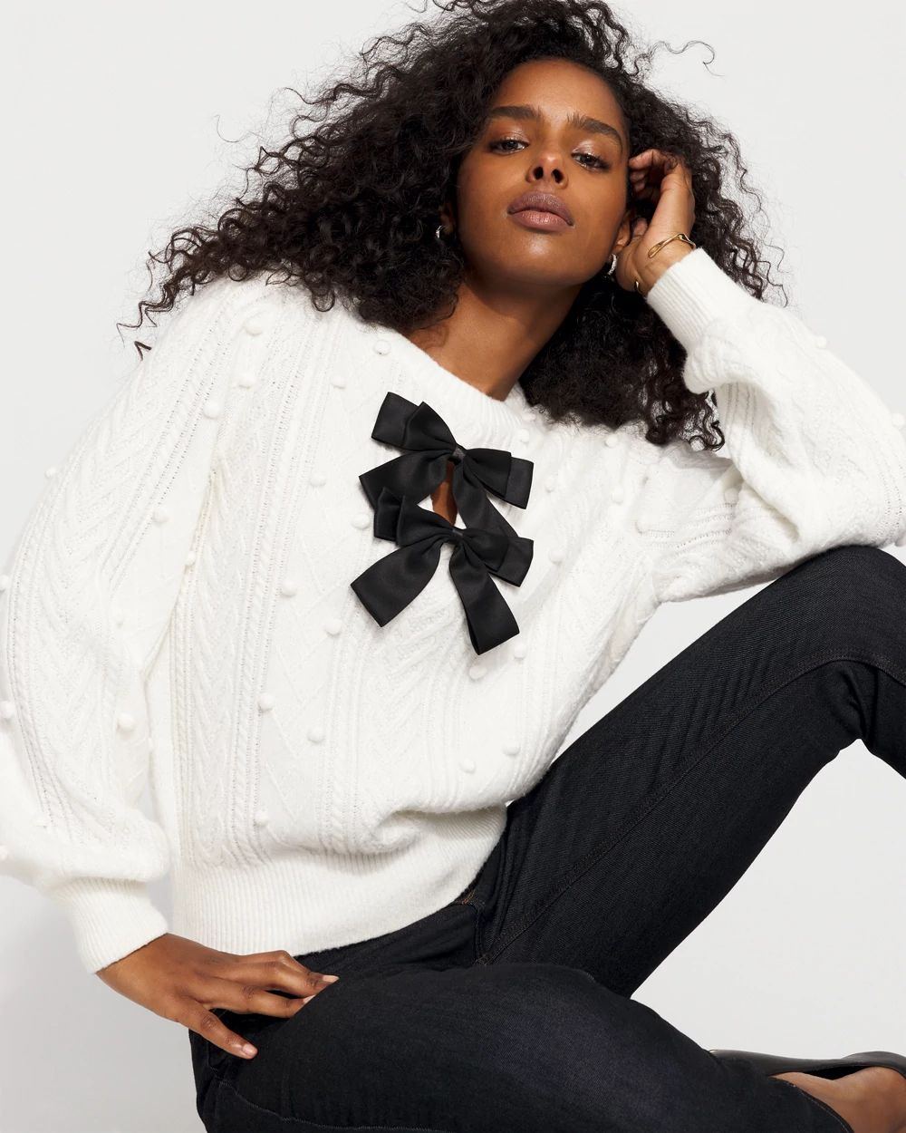 Satin Bow Cable Knit Sweater