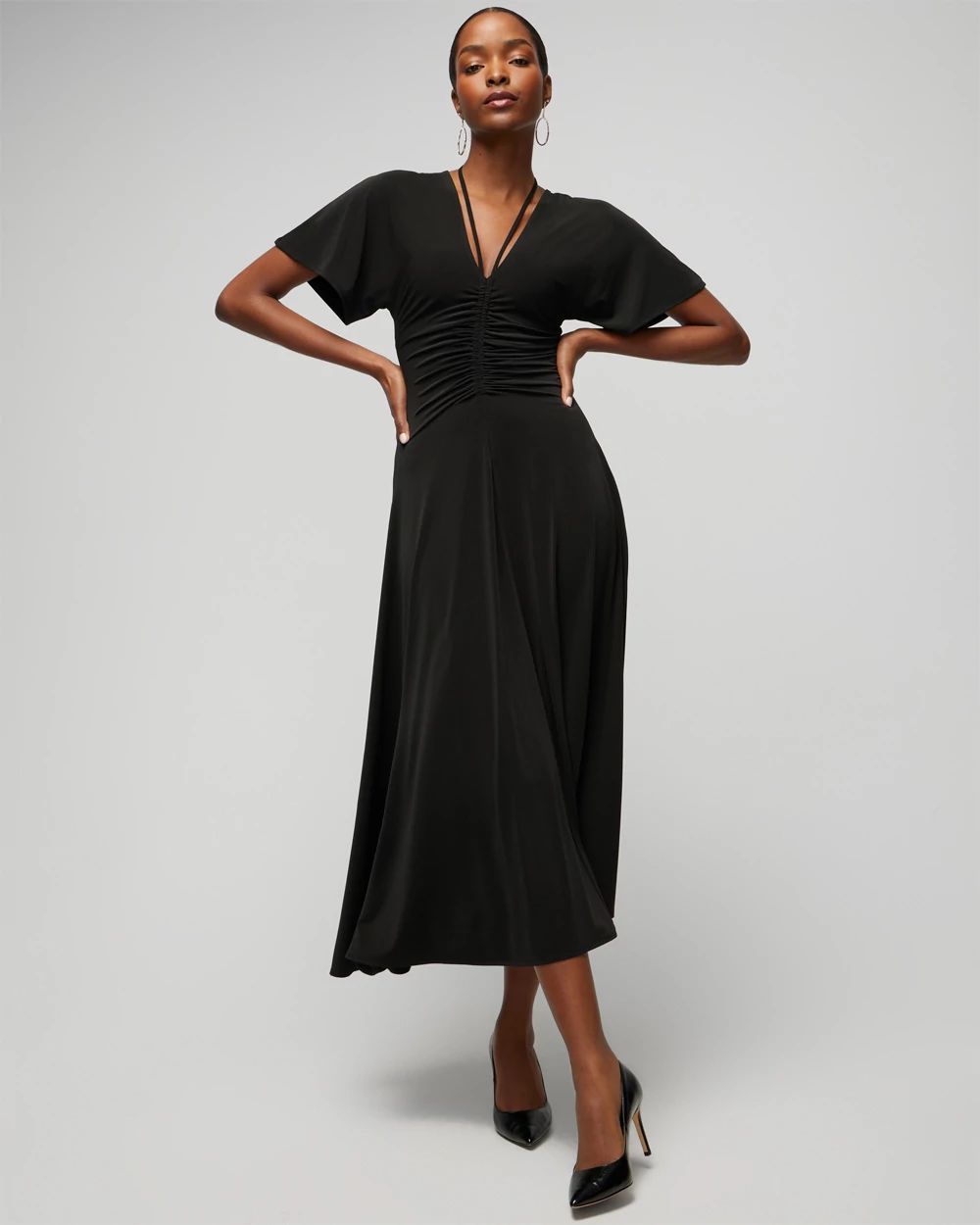 Short-Sleeve Ruched Front Midi Dress