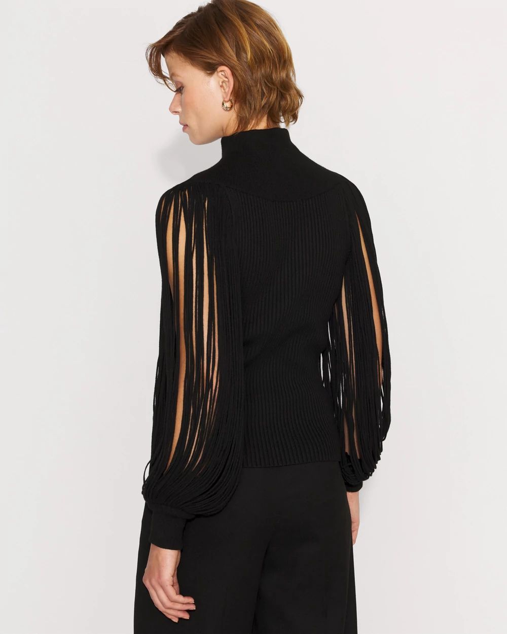 Fringe Sleeve Mockneck Pullover Sweater