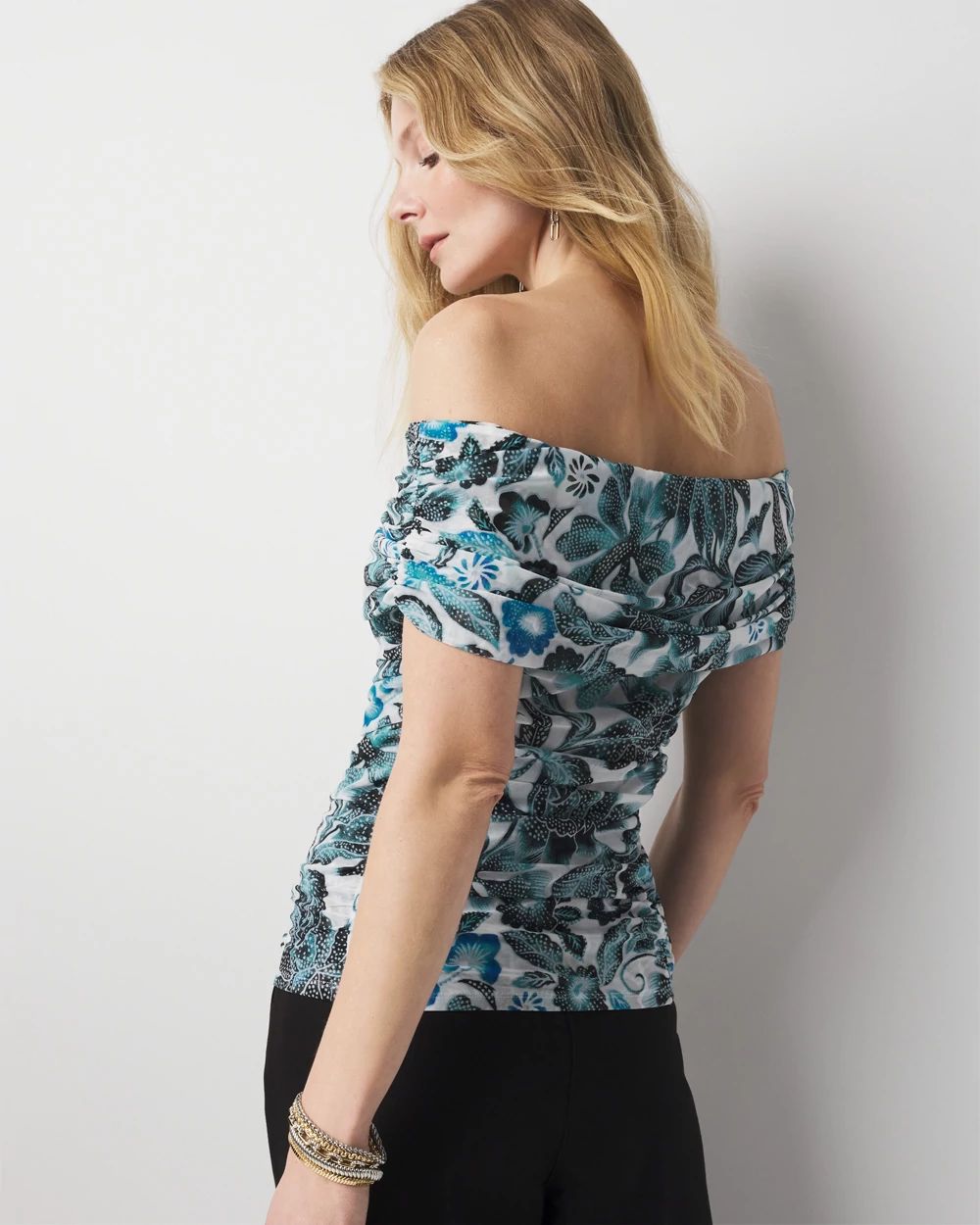 Off-the-Shoulder Ruched Mesh Top