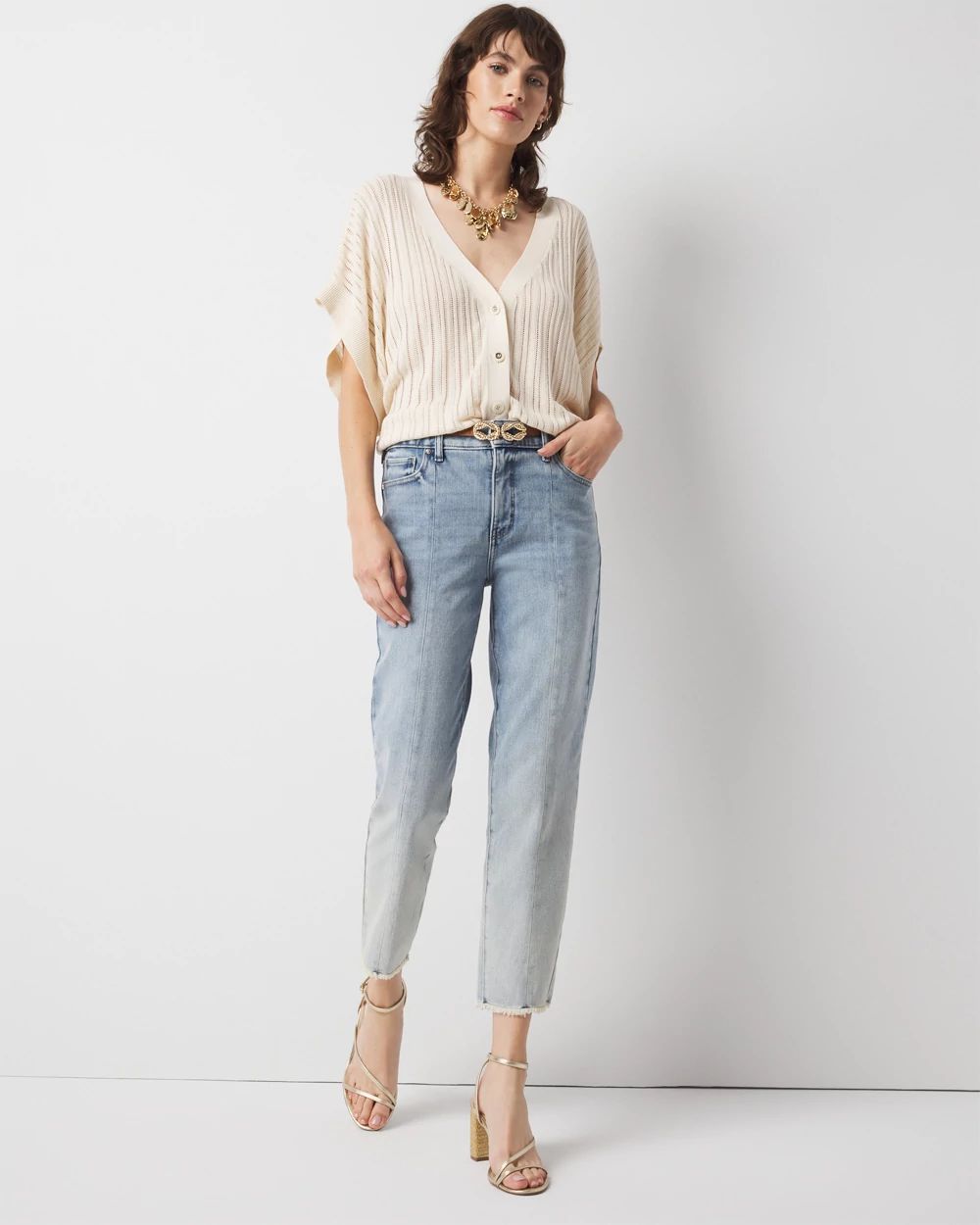 High-Rise Raw Hem Pintuck Straight Jean with Slit