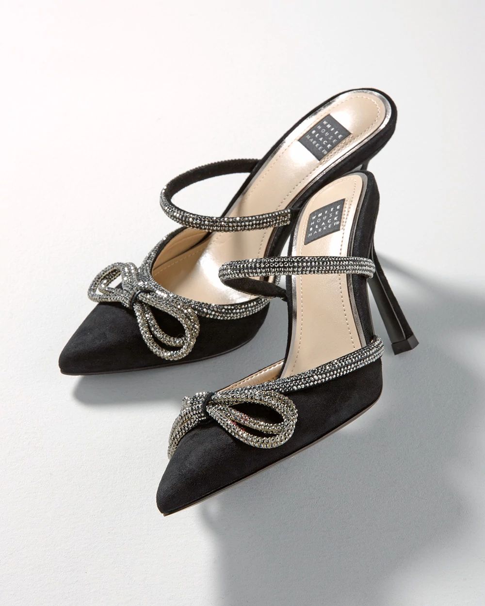 Rhinestone Bow Mid-Heel Mules