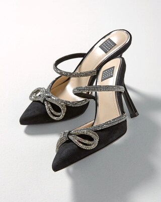 Rhinestone Bow Mid-Heel Mules