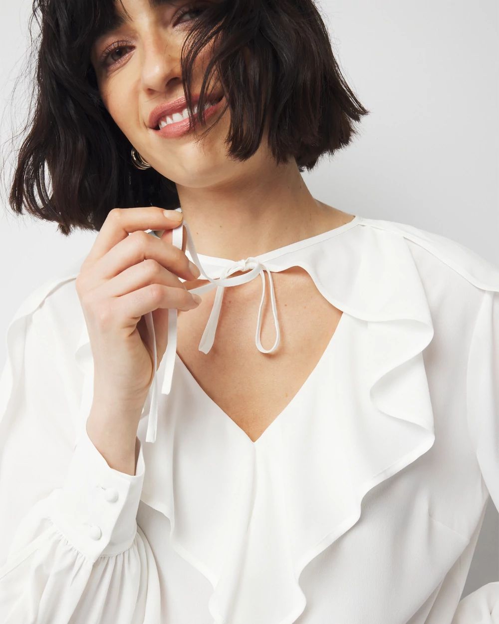 Petite Tie-Neck Ruffle Blouse