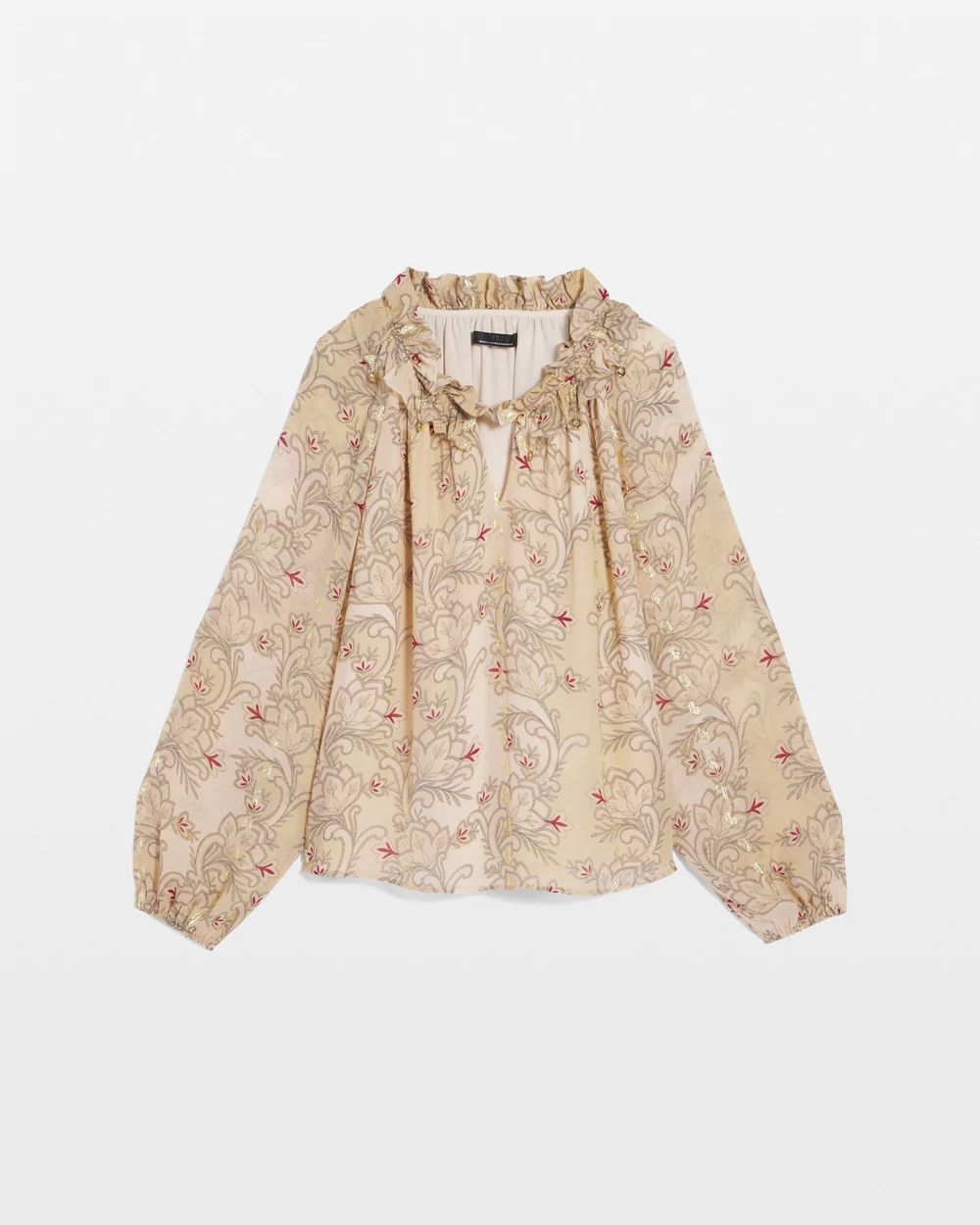 Floral Ruffle Neck Blouse with Gold Clip