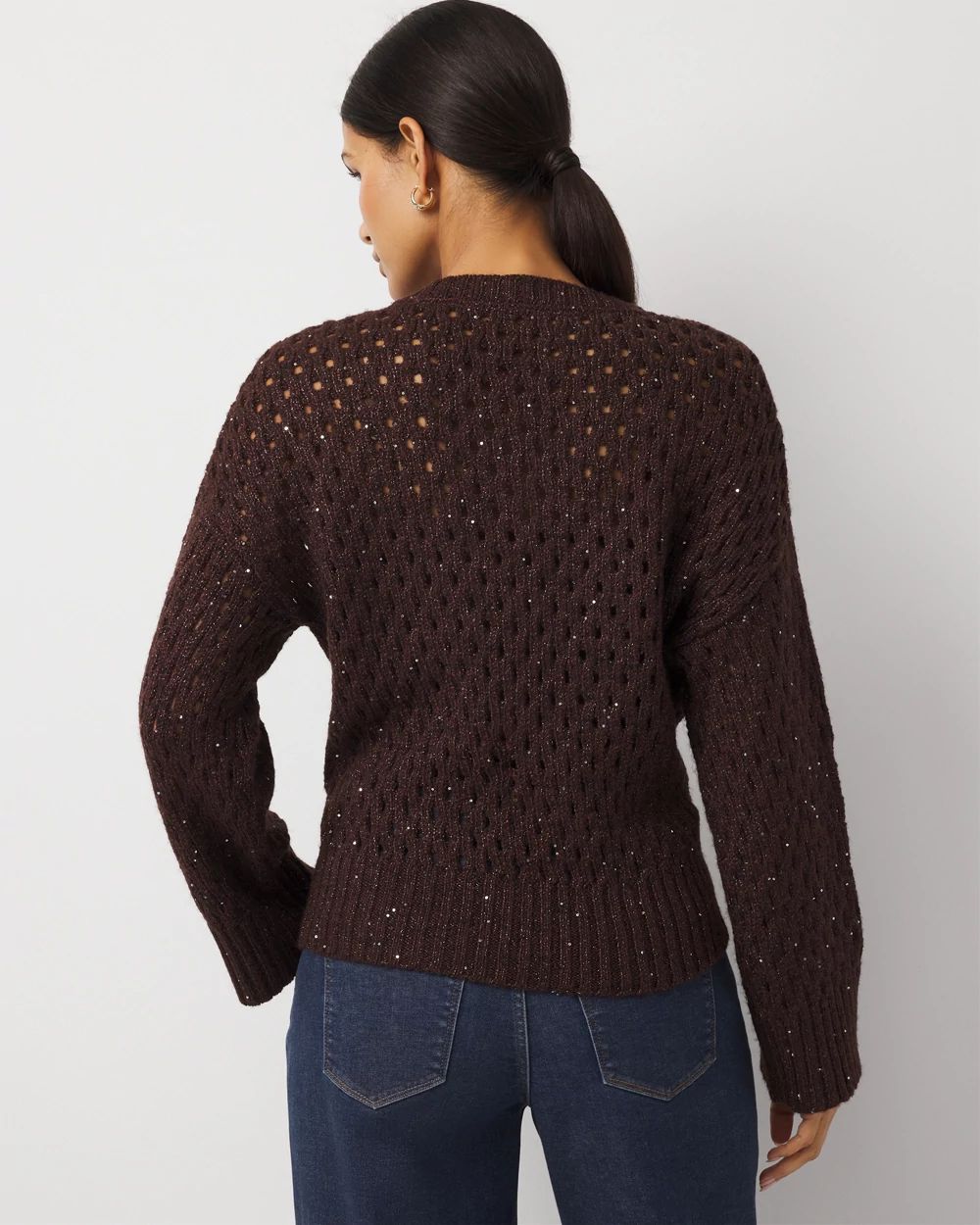Petite V-Neck Open Stitch Sequin Sweater