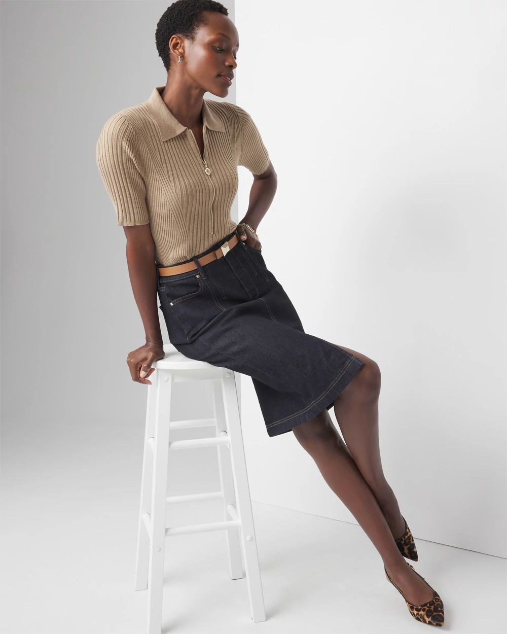 Elbow-Sleeve Ribbed Half-Zip Pullover