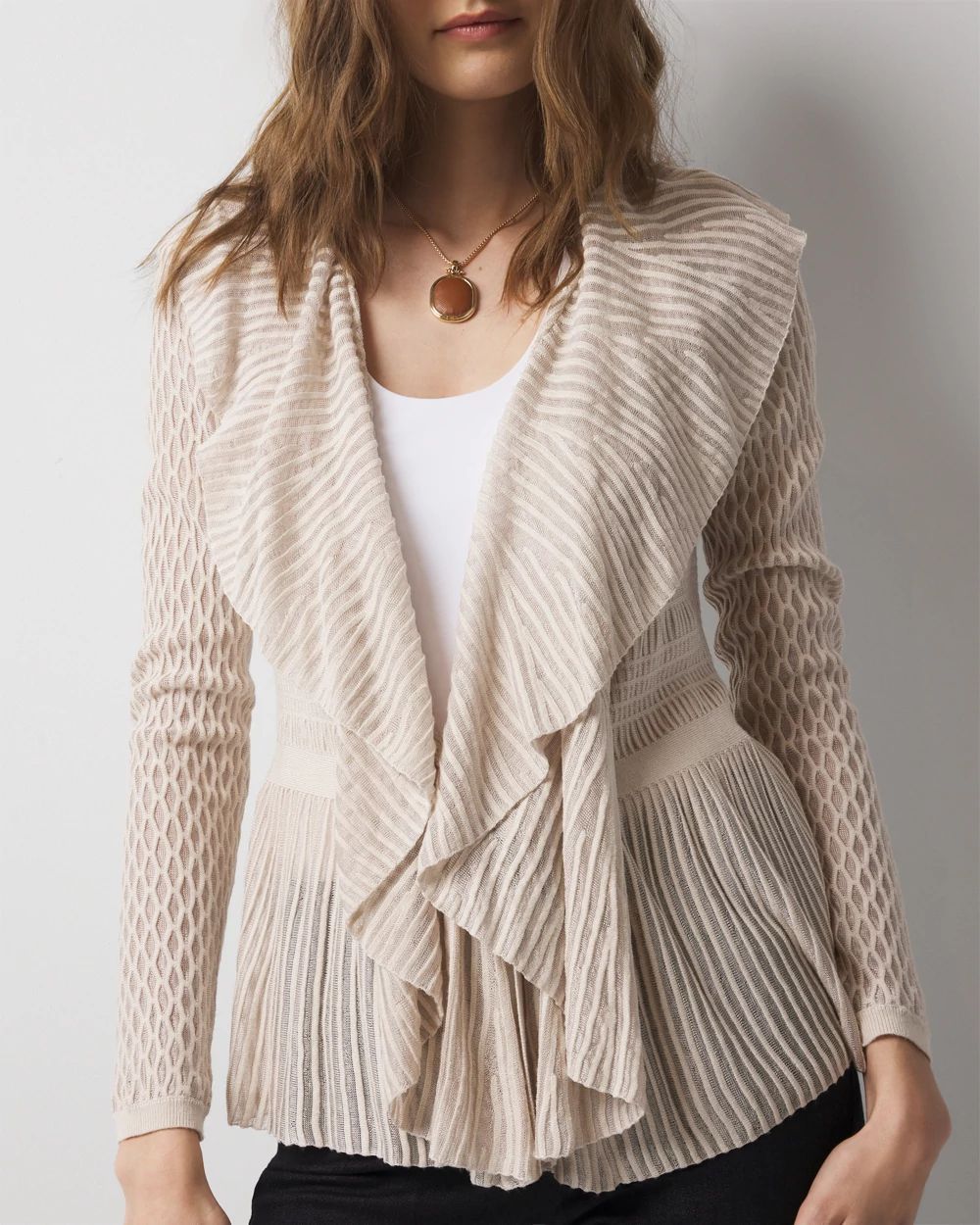Long Sleeve Pointelle Peplum Sweater Cardigan