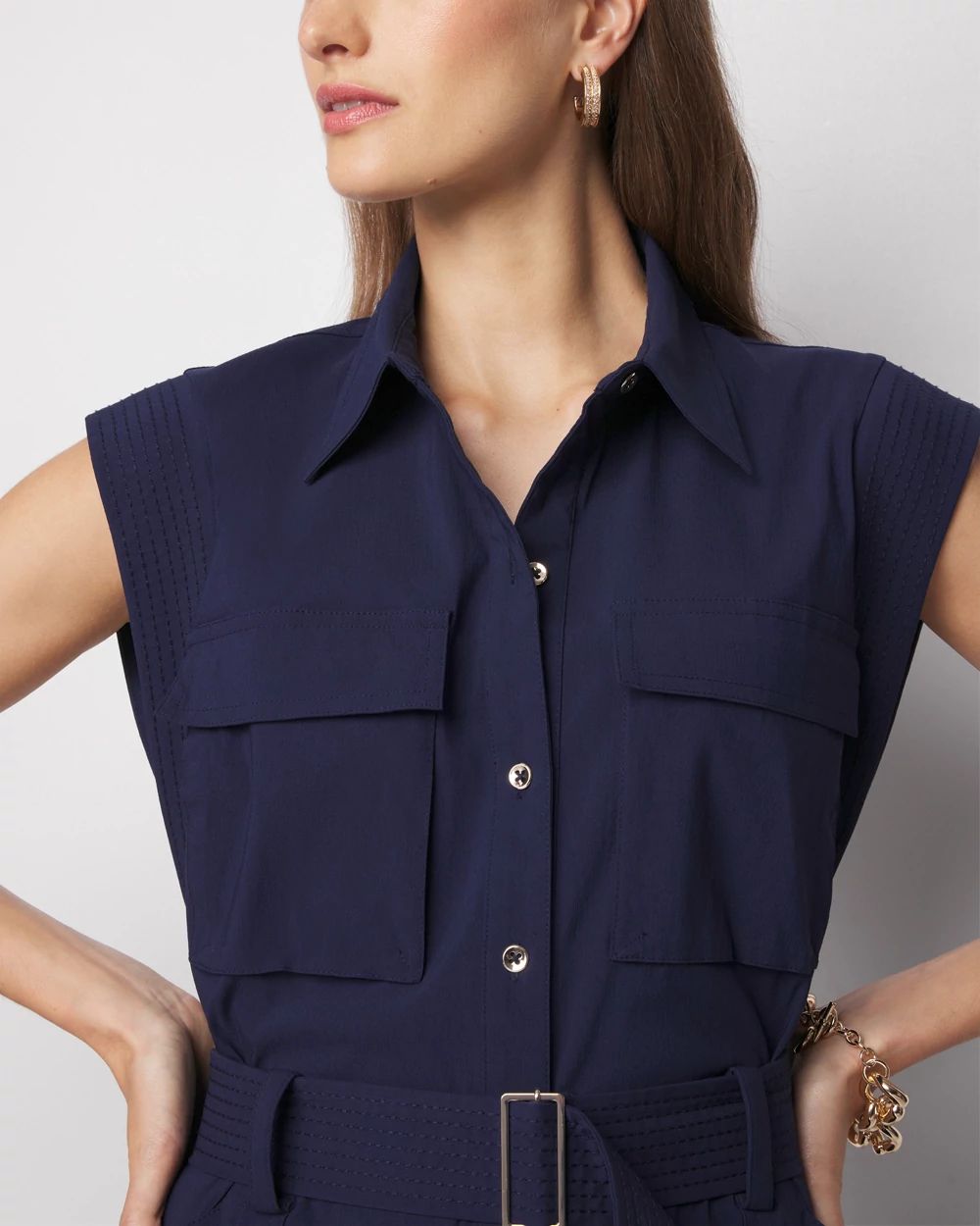 Cap-Sleeve Utility Mini Shirt Dress