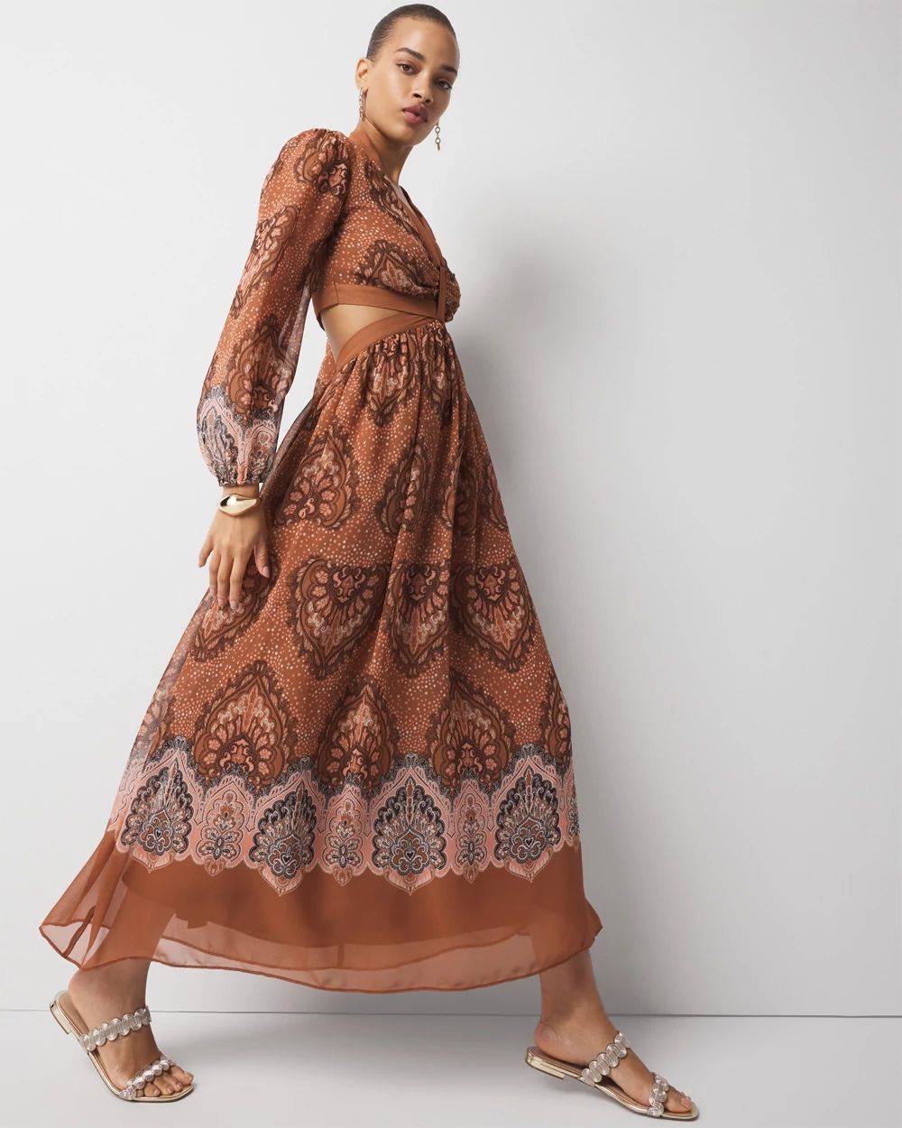 Long-Sleeve V-Neck Cutout Midi Dress