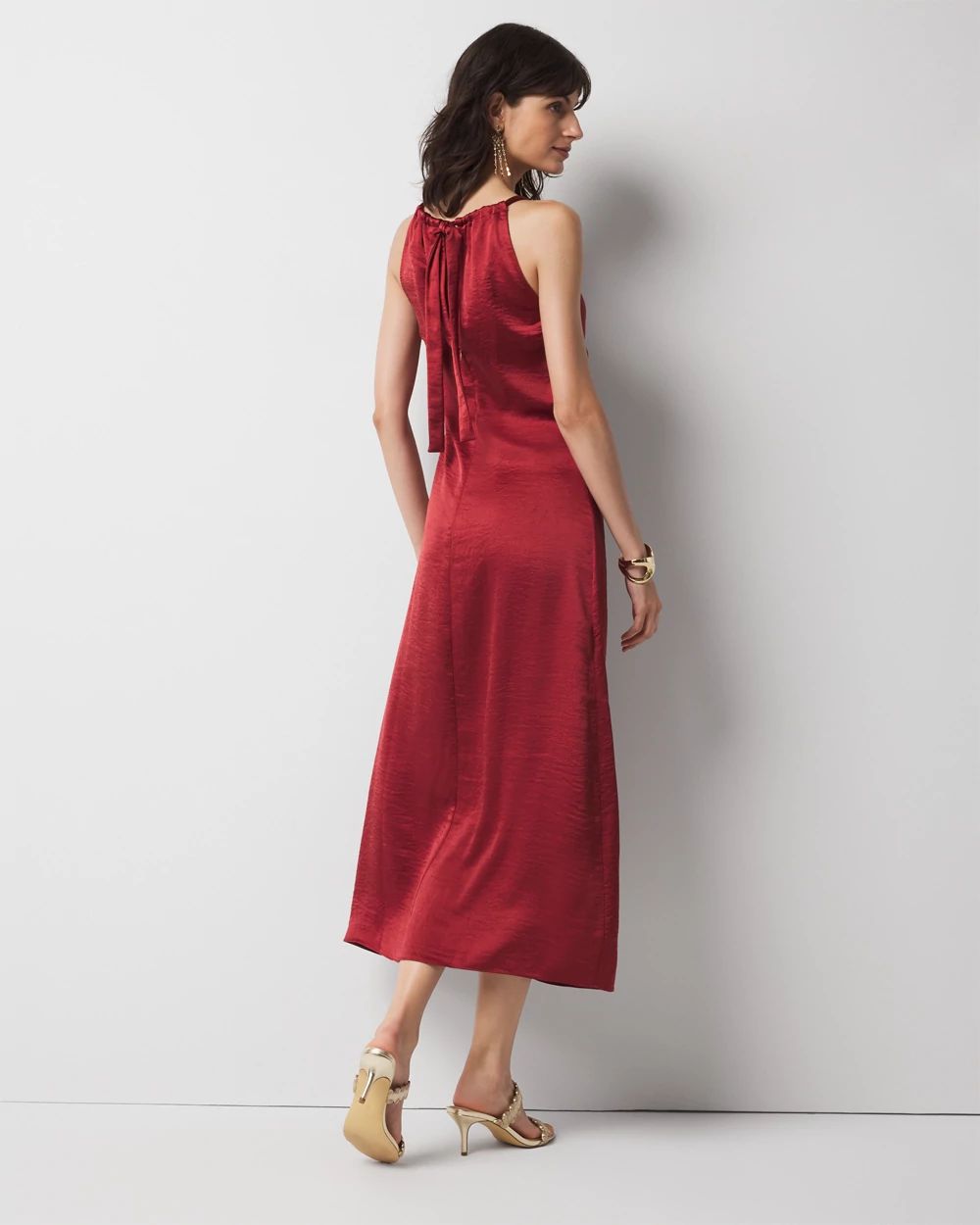 Satin Halter Ruched Midi Dress