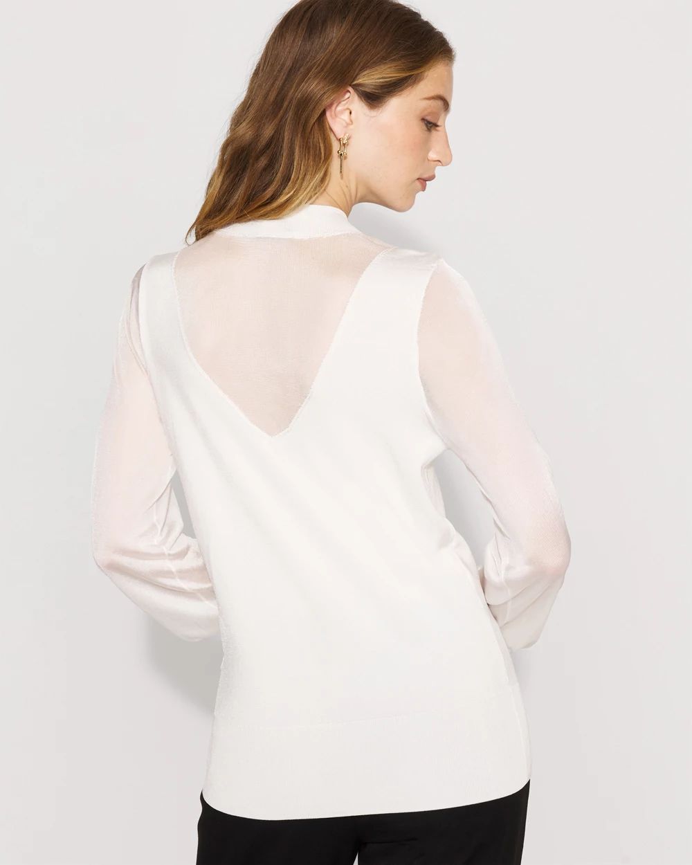 Sheer Sleeve Mockneck Pullover Sweater