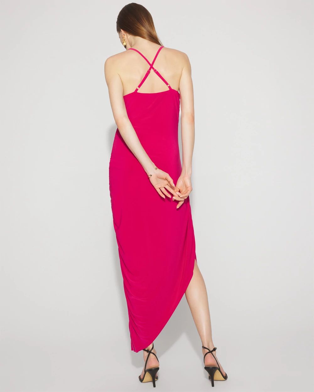Jersey-Knit Ruched Midi Dress with Asymmetric Hem