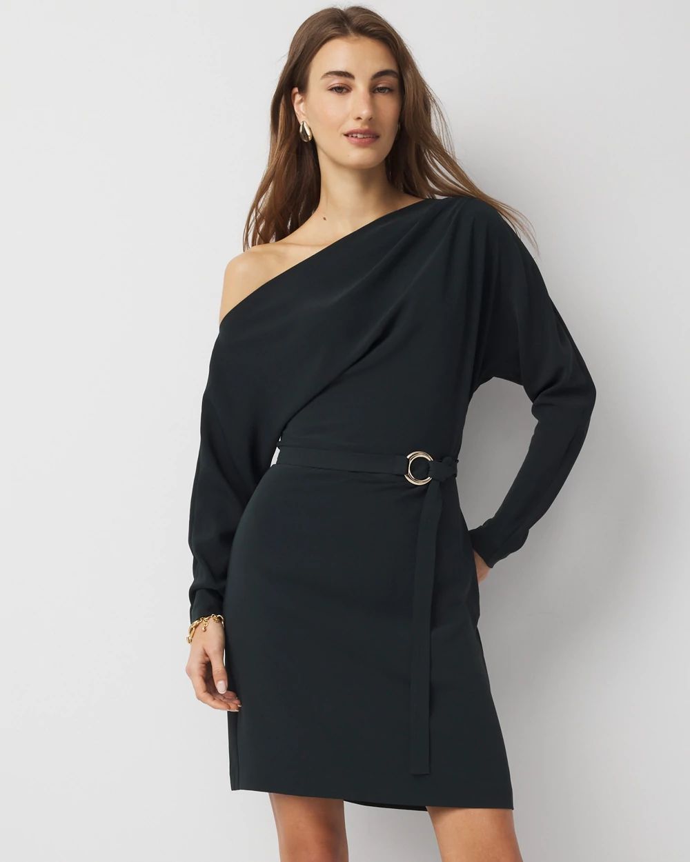 Petite Off-The-Shoulder Belted Dress