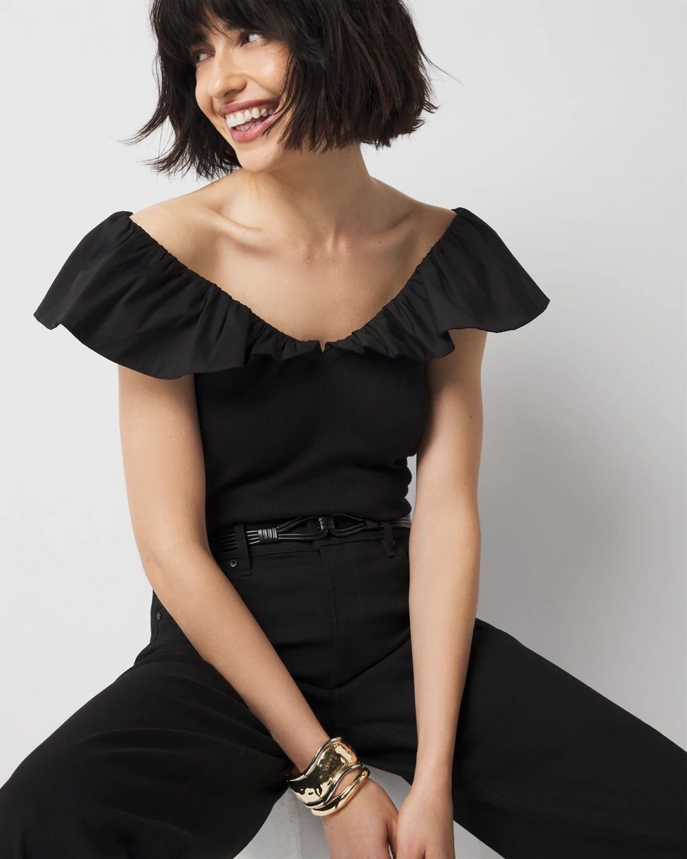 Petite Ruffle Poplin Knit Top