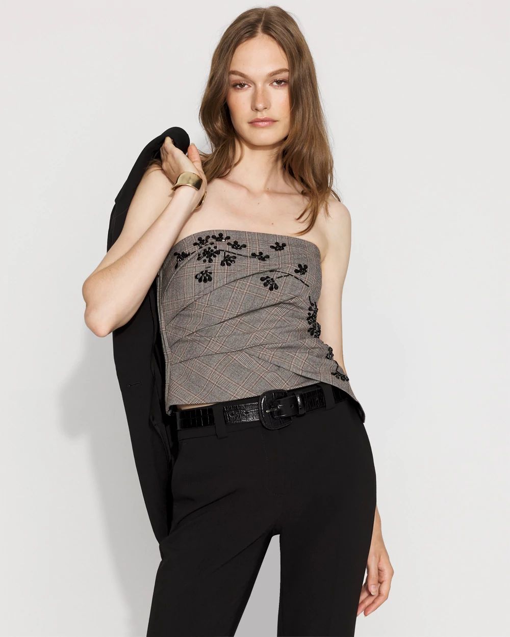 Beaded + Plaid Draped Bustier