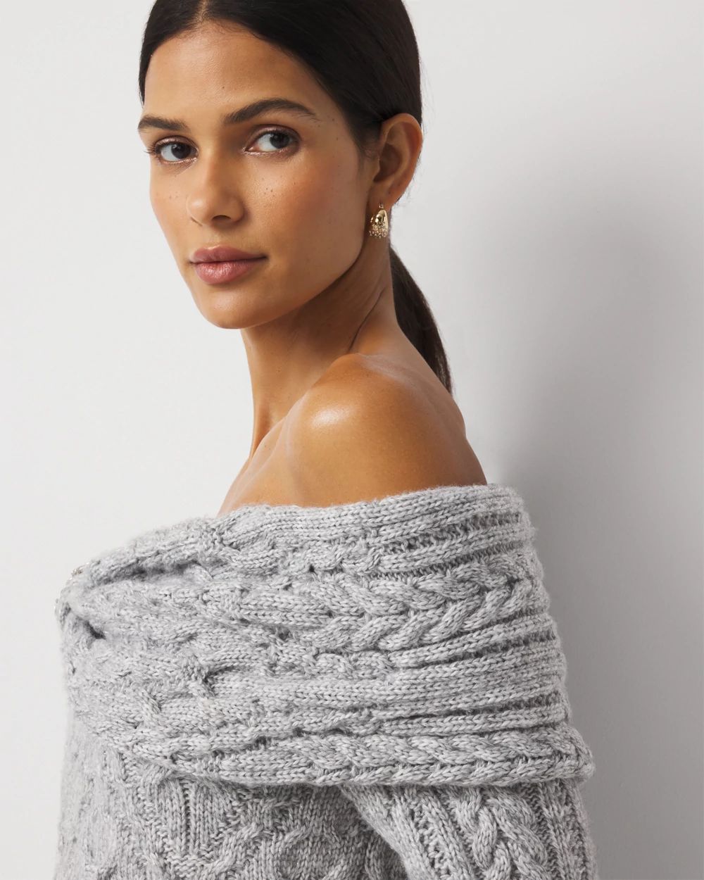 Off-The-Shoulder Rhinestone Cable Knit Sweater