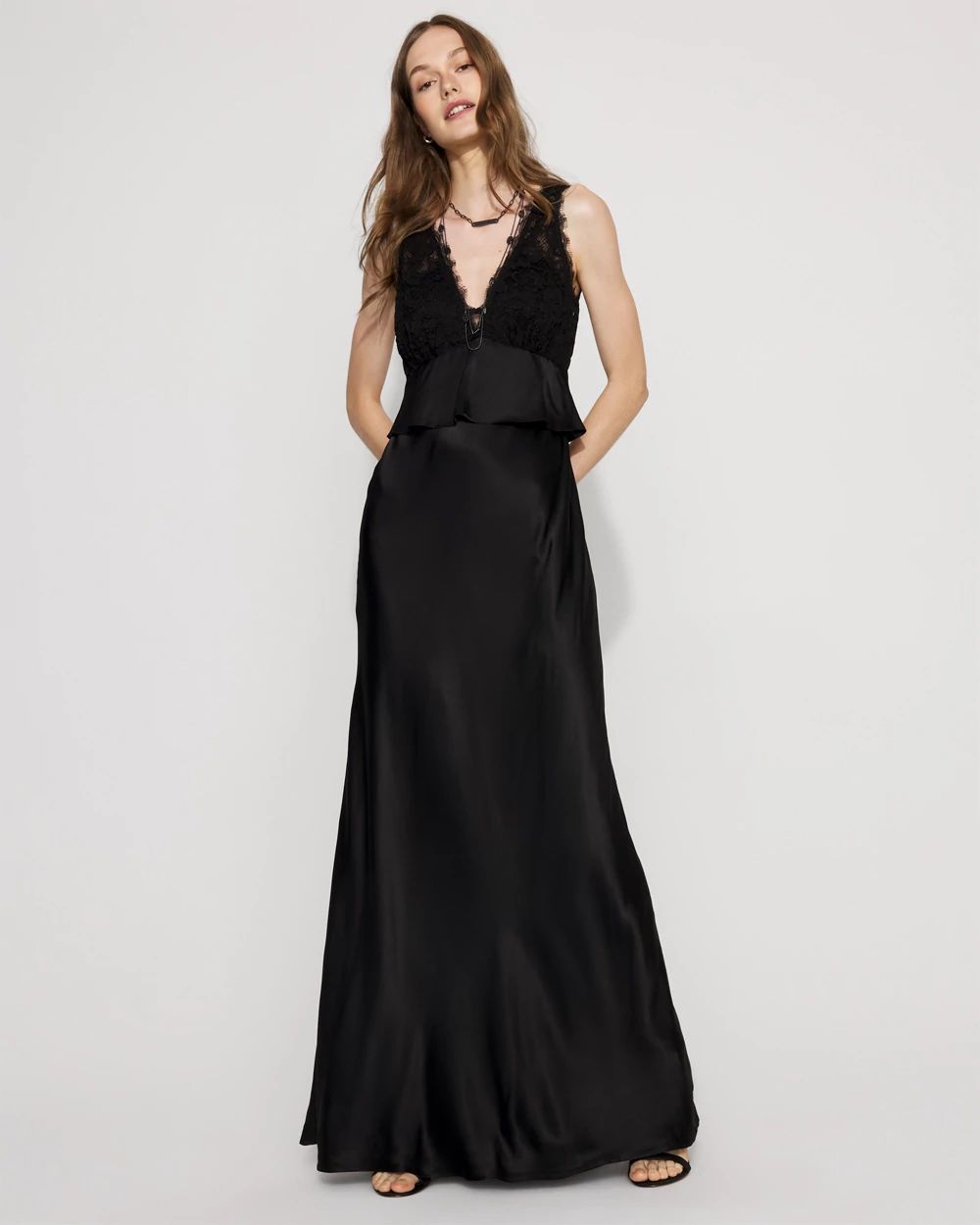 Petite Lace + Satin Peplum Maxi Dress