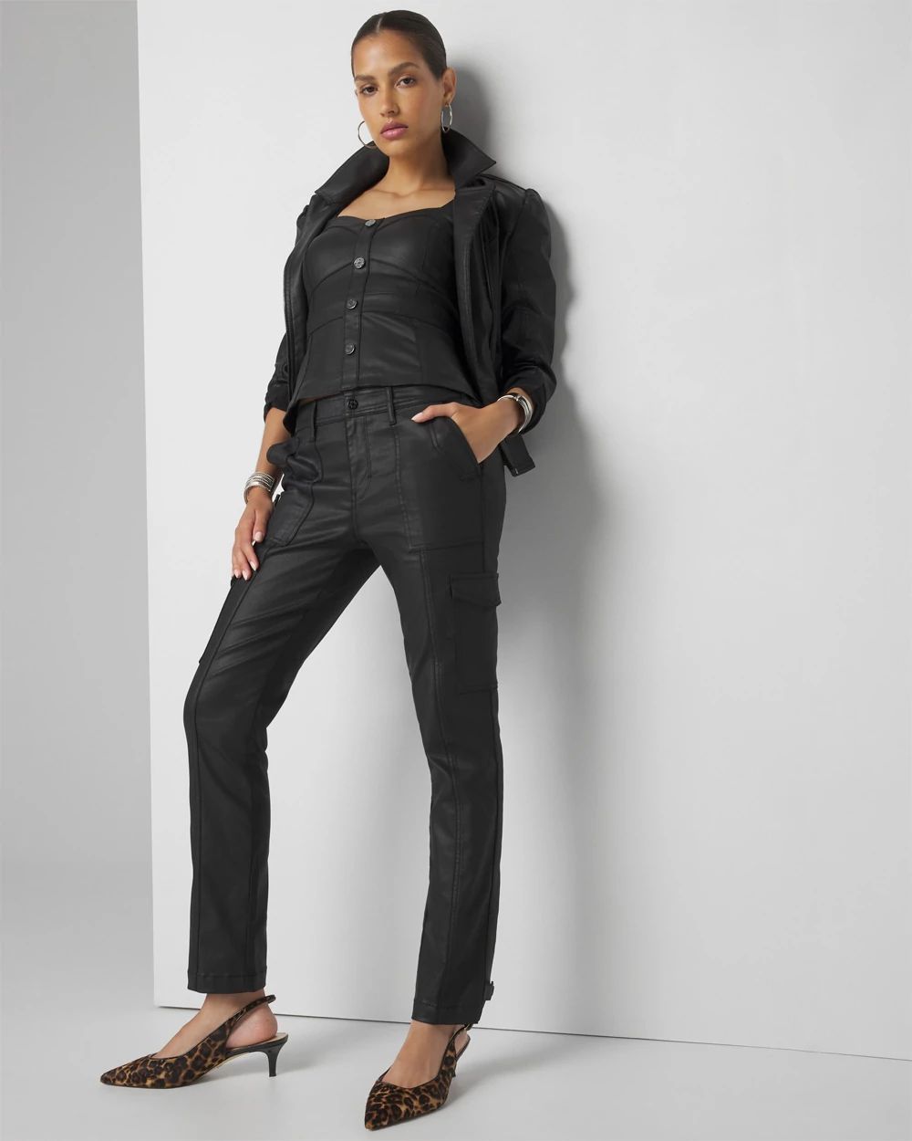 Petite Mid-Rise Tapered Cargo Coated Jeans click to view larger image.