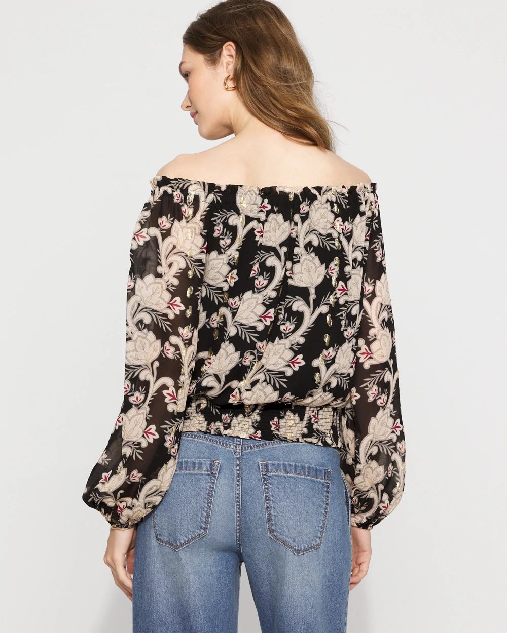 Off-the-Shoulder Floral Jacquard Blouse