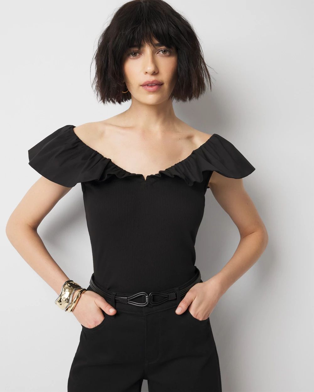 Petite Ruffle Poplin Knit Top