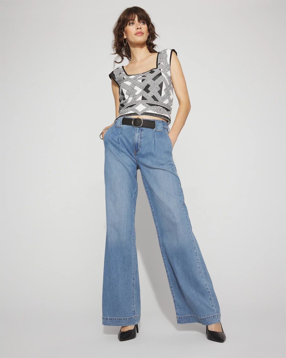 High-Rise Pleated + Belted Wide-Leg Jean