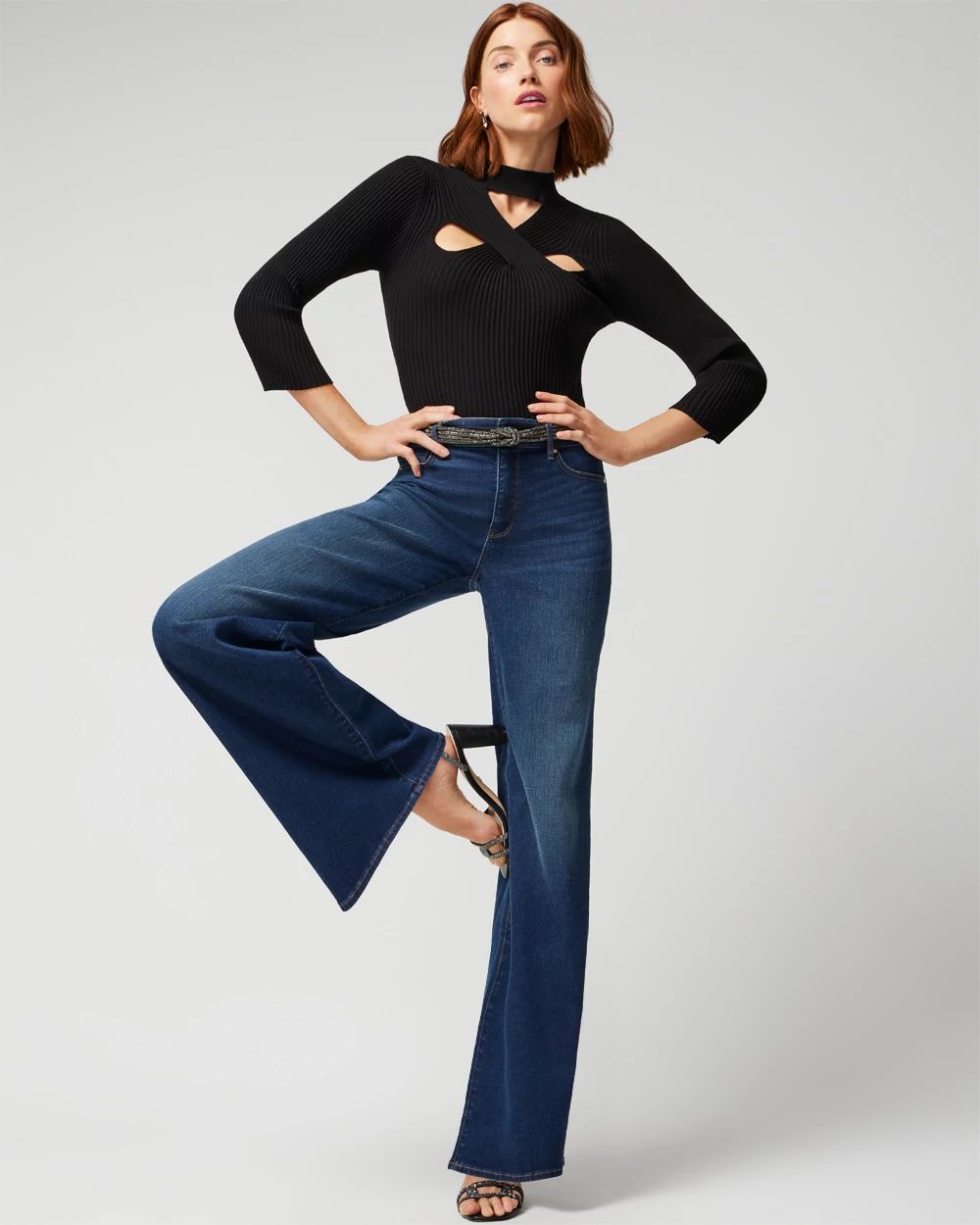 3/4 Sleeve Cutout Mockneck Pullover