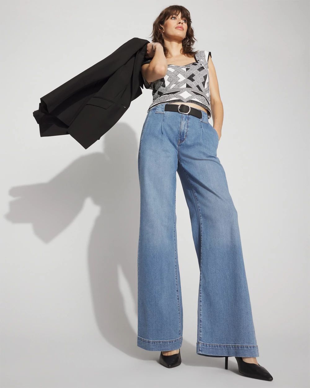 High-Rise Pleated + Belted Wide-Leg Jean