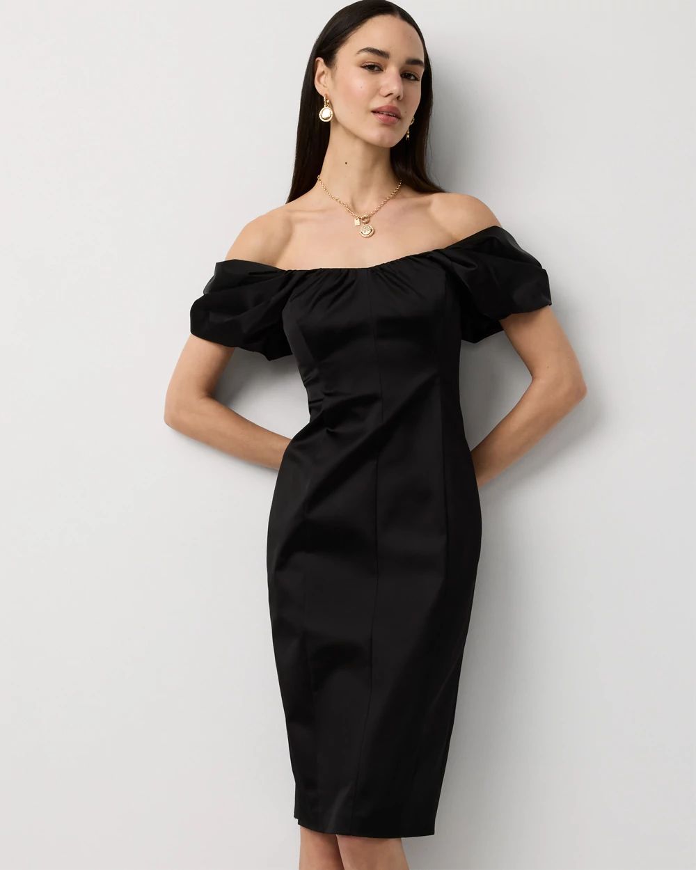 Off-The-Shoulder Satin Midi Dress