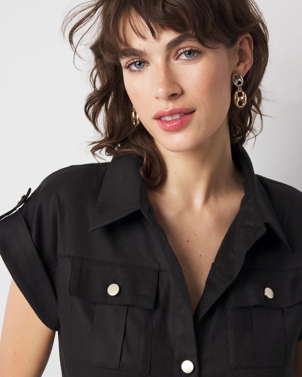 Linen-Blend Short-Sleeve Utility Jumpsuit