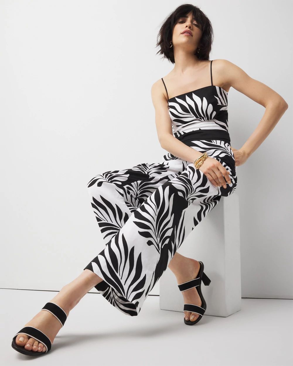 Linen-Blend Palm Print Cropped Wide Leg Pant