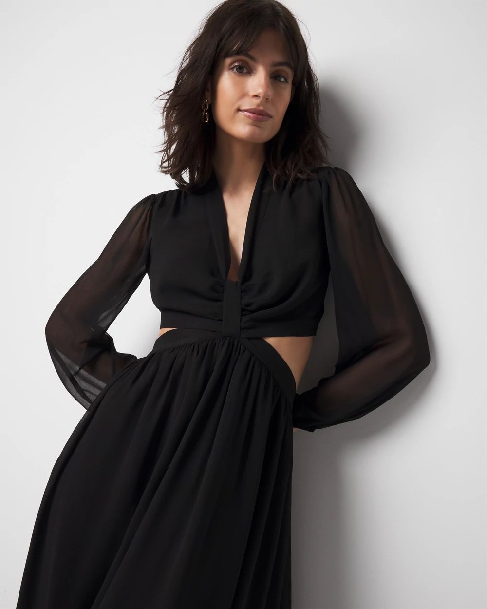 Long-Sleeve V-Neck Cutout Midi Dress