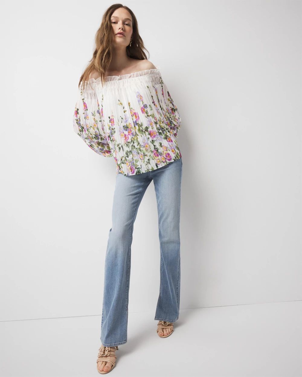 Off-the-Shoulder Floral Pleated Blouse