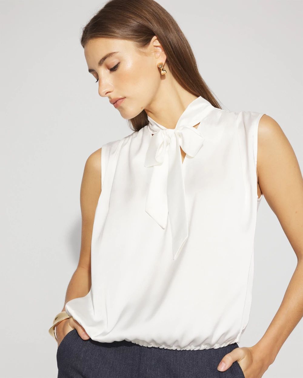 Bubble Hem Tie-Neck Shell