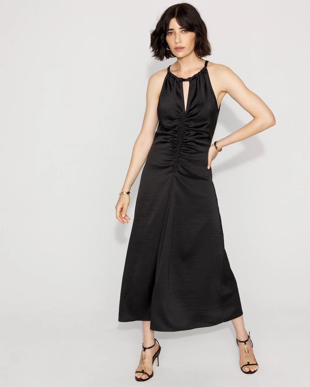 Satin Halter Ruched Midi Dress