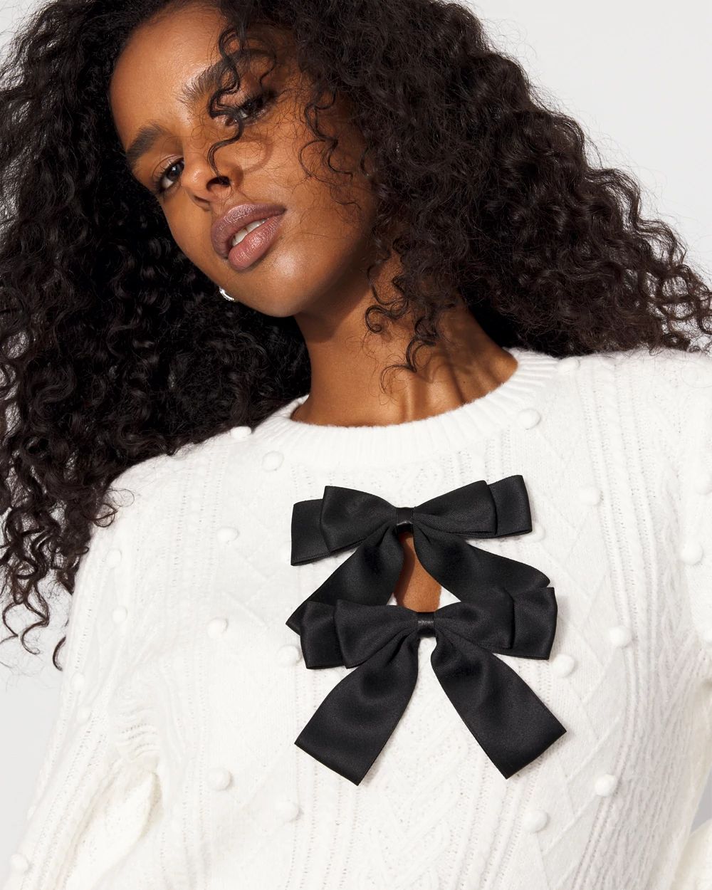 Petite Satin Bow Cable Knit Sweater