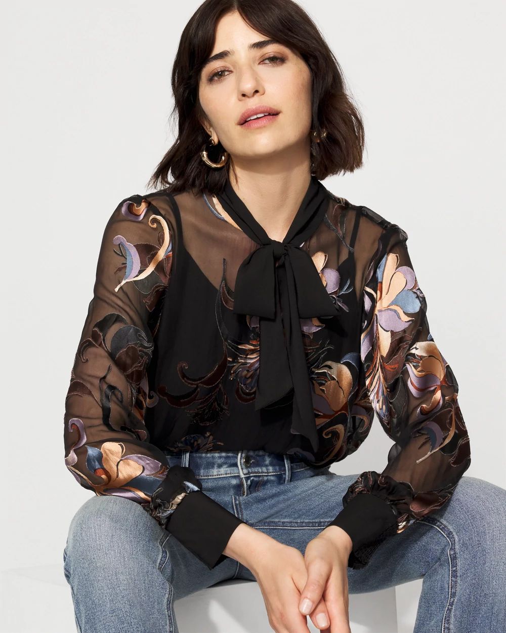 Floral Silk Burnout Tie-Neck Blouse