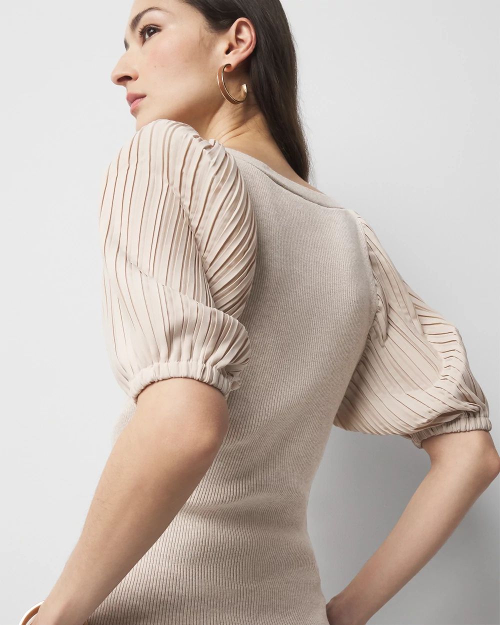 Pleated Puff-Sleeve Henley Sweater