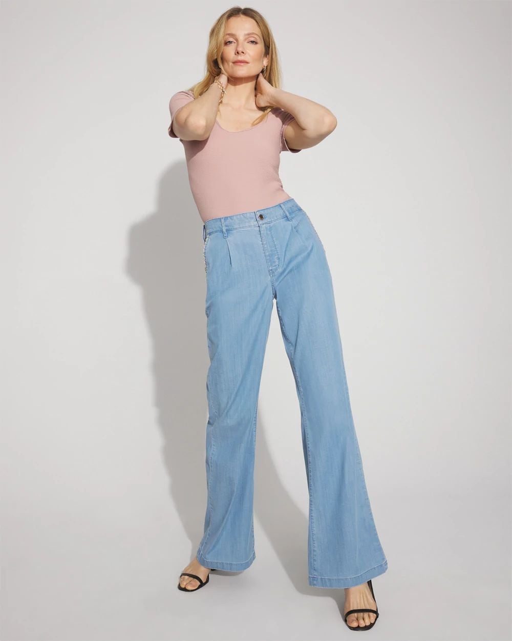 High-Rise Wide-Leg Jean with Chain Trim